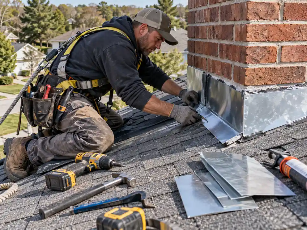 Roofer repairing metal flashing around a brick chimney on a shingle roof