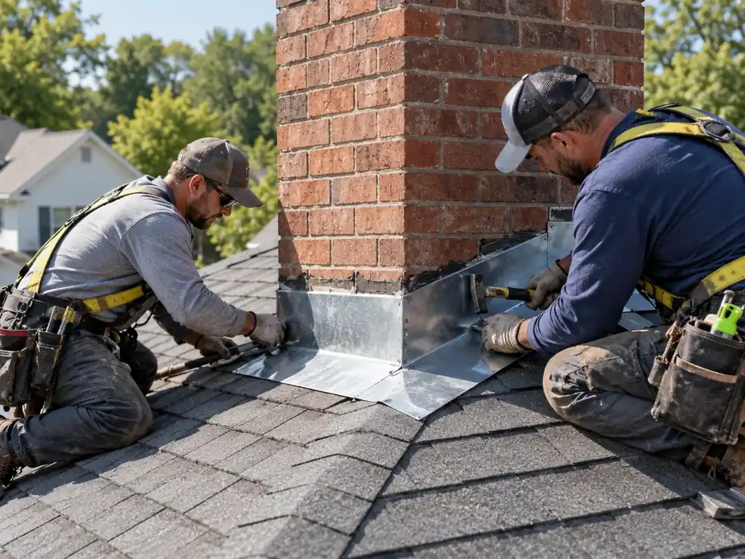 Two roofers installing metal flashing around a brick chimney