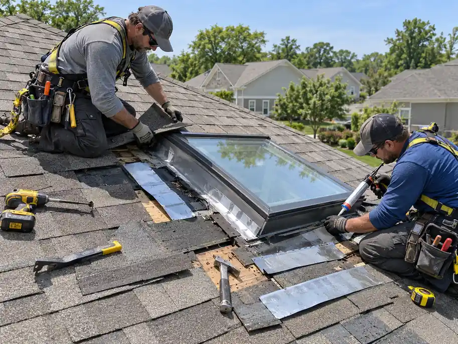 Roofers installing and sealing a residential skylight on an asphalt shingle roof