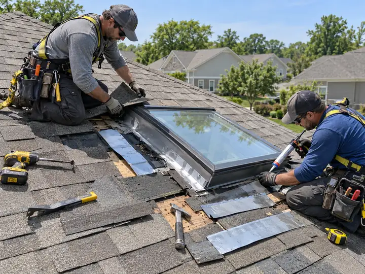 Roofers installing and sealing a residential skylight