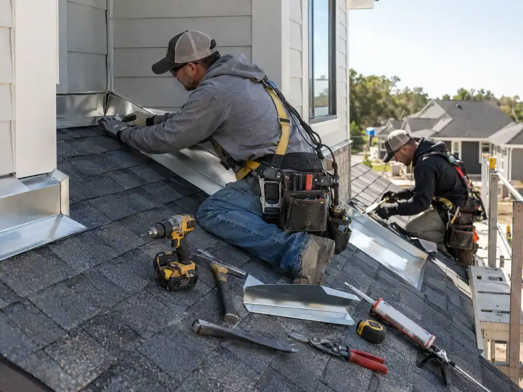 Roofers installing metal roof-to-wall flashing with tools and materials visible