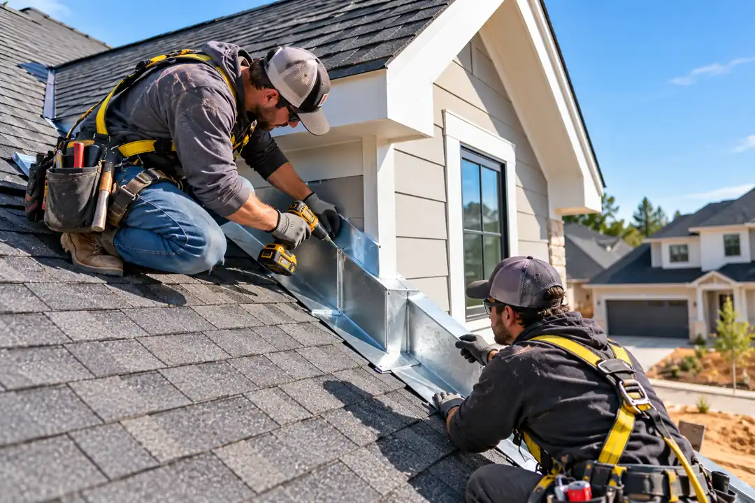 Two roofers installing metal flashing along a dormer wall on a shingle roof