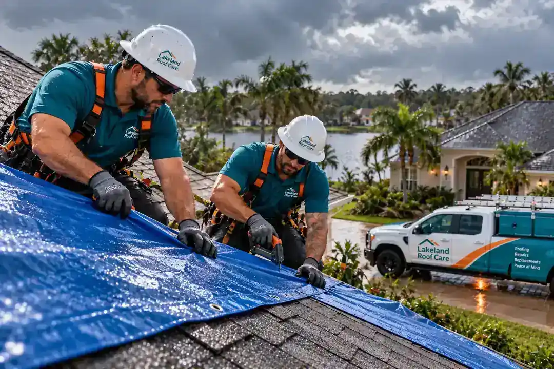 Lakeland Roof Care crew securing a temporary roof covering after storm-related roof damage in Lakeland