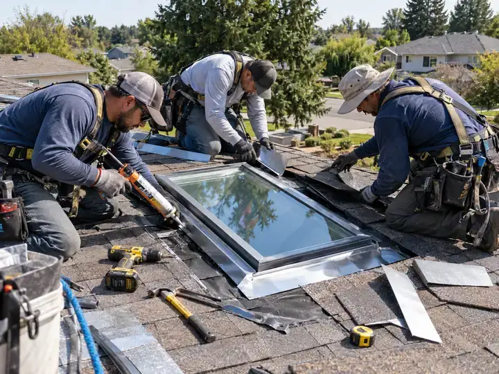 Roofing crew working around a residential skylight