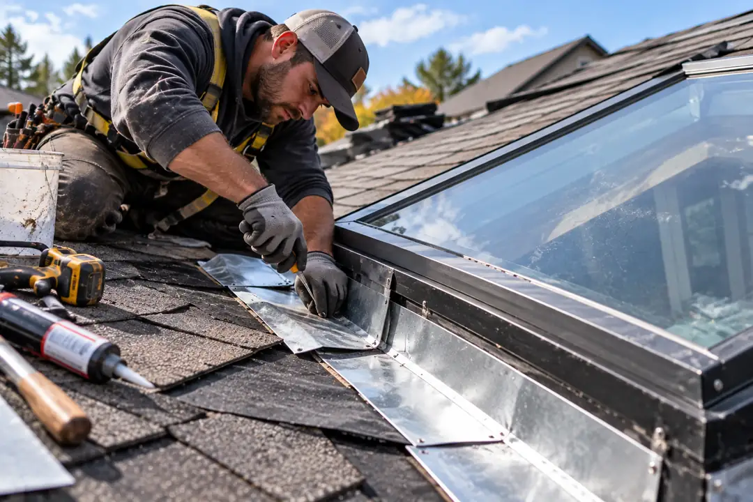 Roofer repairing metal flashing around a skylight on an asphalt shingle roof