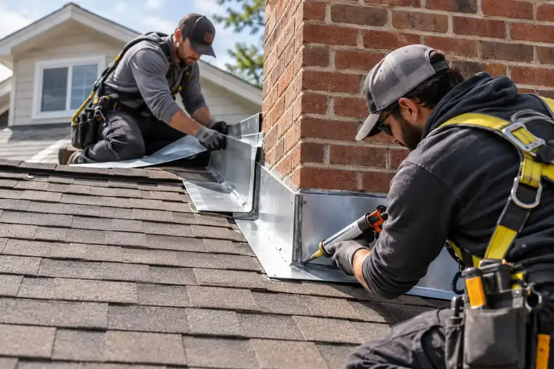 Roofers sealing chimney flashing on an asphalt shingle roof