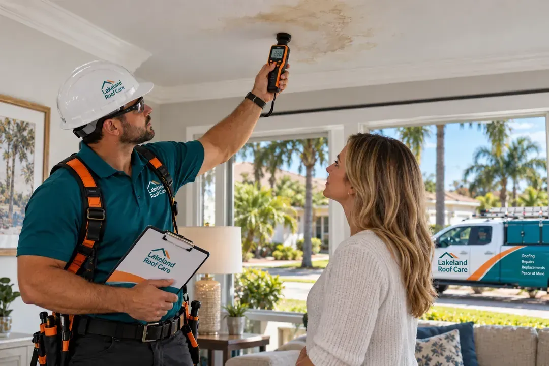 Lakeland Roof Care technician checking a ceiling moisture stain with a meter inside a Lakeland home