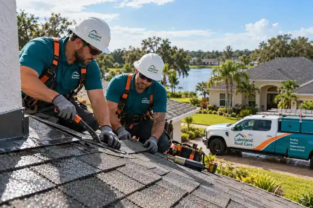 Lakeland Roof Care roofers working on a residential shingle roof in Lakeland, Florida