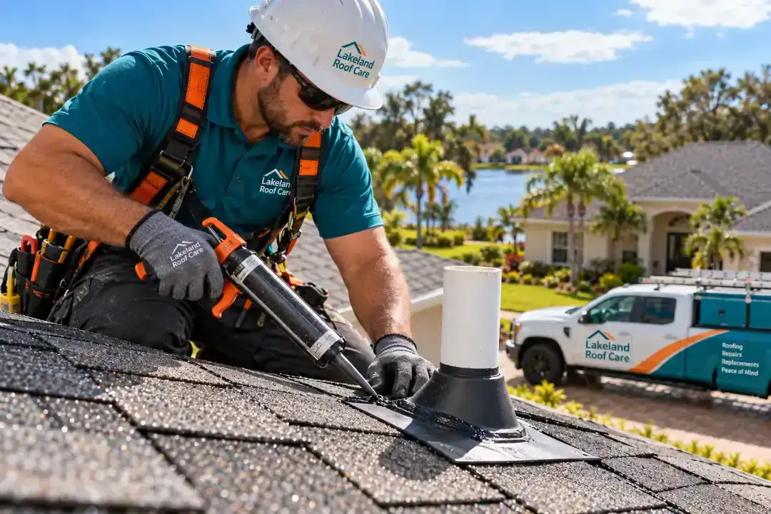Lakeland Roof Care technician sealing a roof vent boot to stop a leak on an asphalt-shingle roof