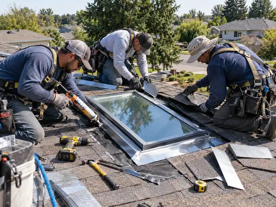 Roofing crew installing and sealing a residential skylight